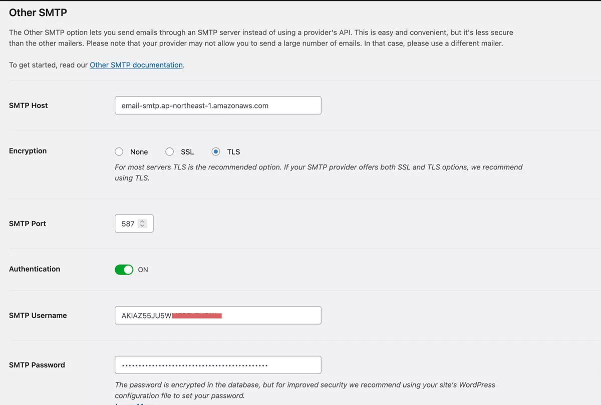 wordpress manual smtp configuration details