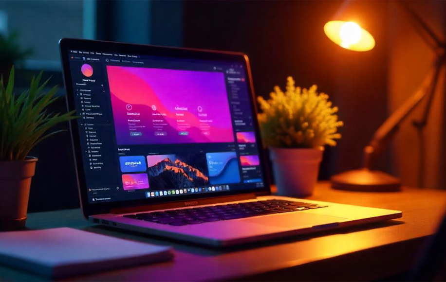 laptop showing settings screen under table lamp