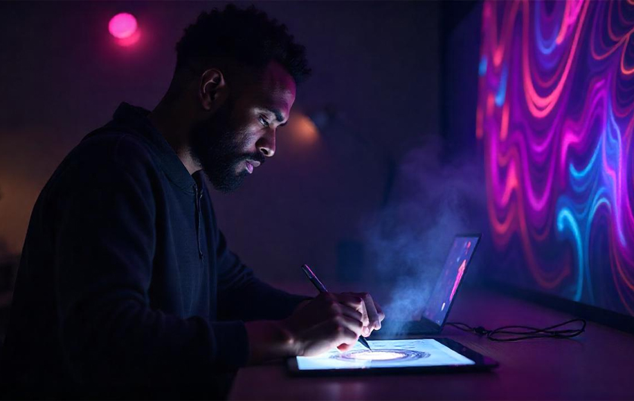 man in dark room sketching something in digital tablet