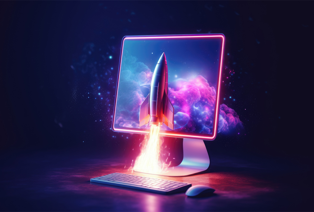 3d rocket projected from computer monitor taking off