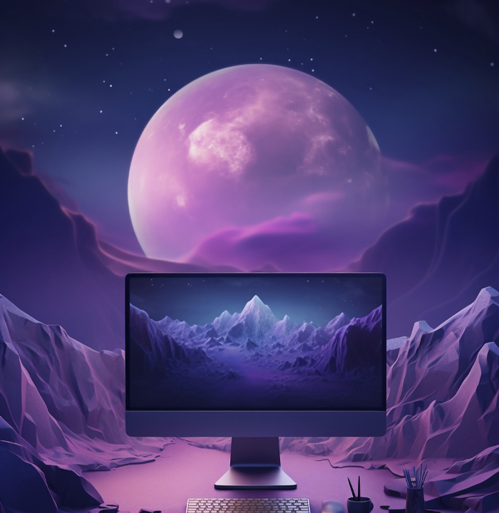computer placed on a rocky planet with moon in background