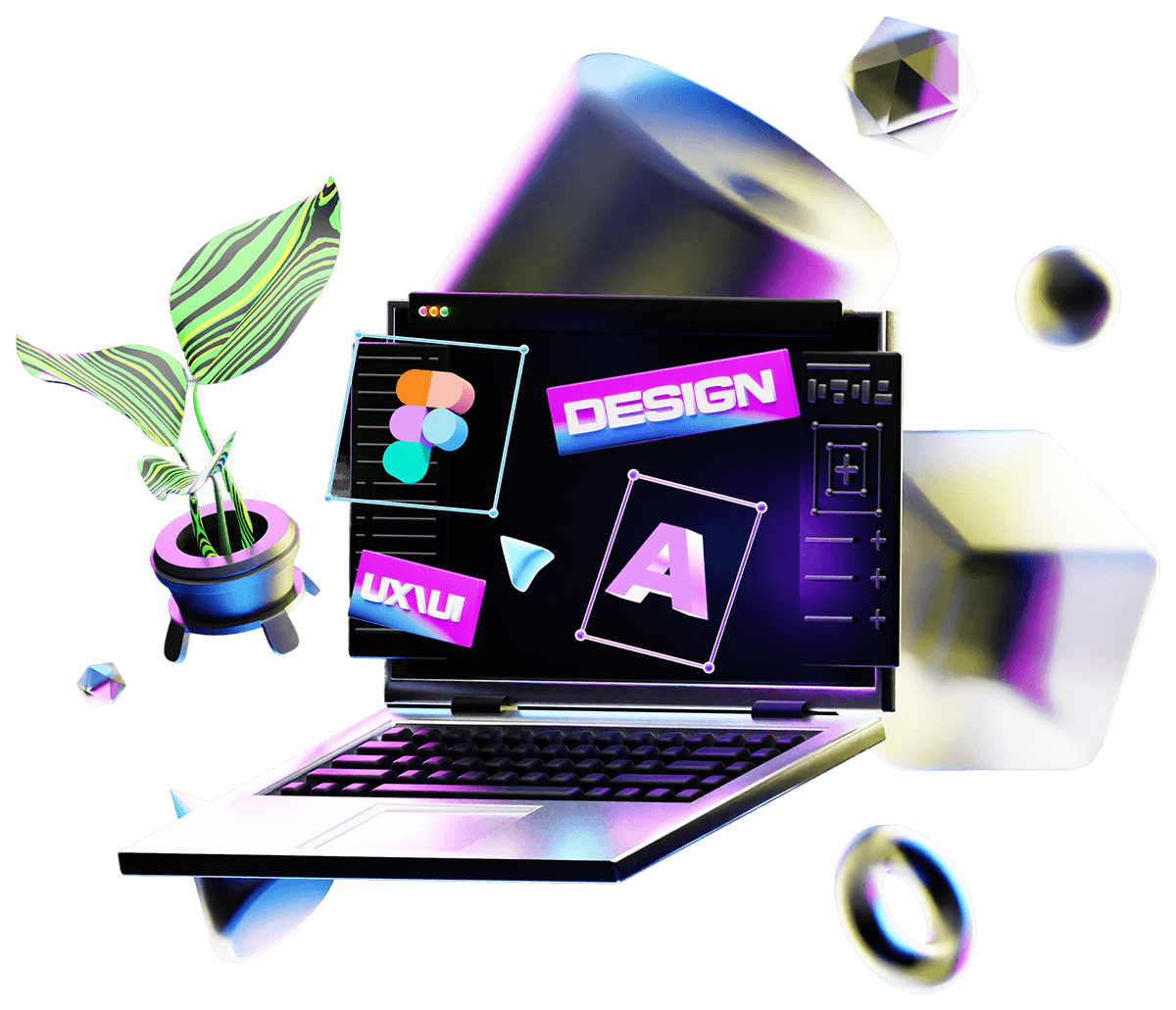 graphic design laptop and objects hovering in air