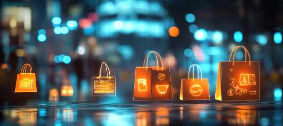 illuminating shopping bags floating in air