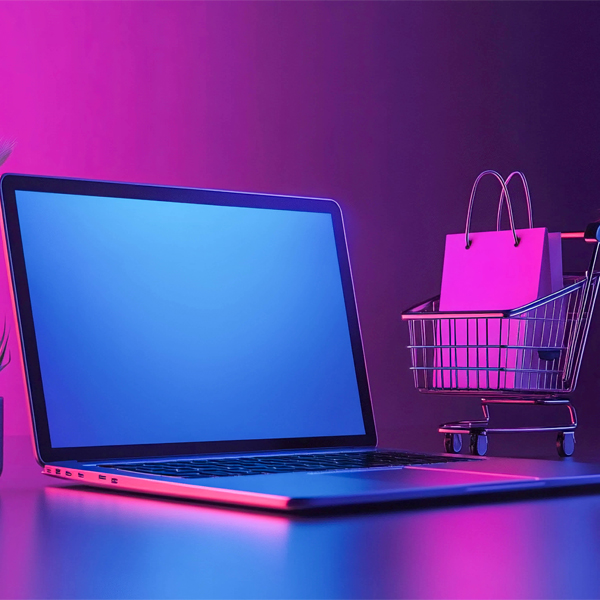 laptop and shopping cart on a desk