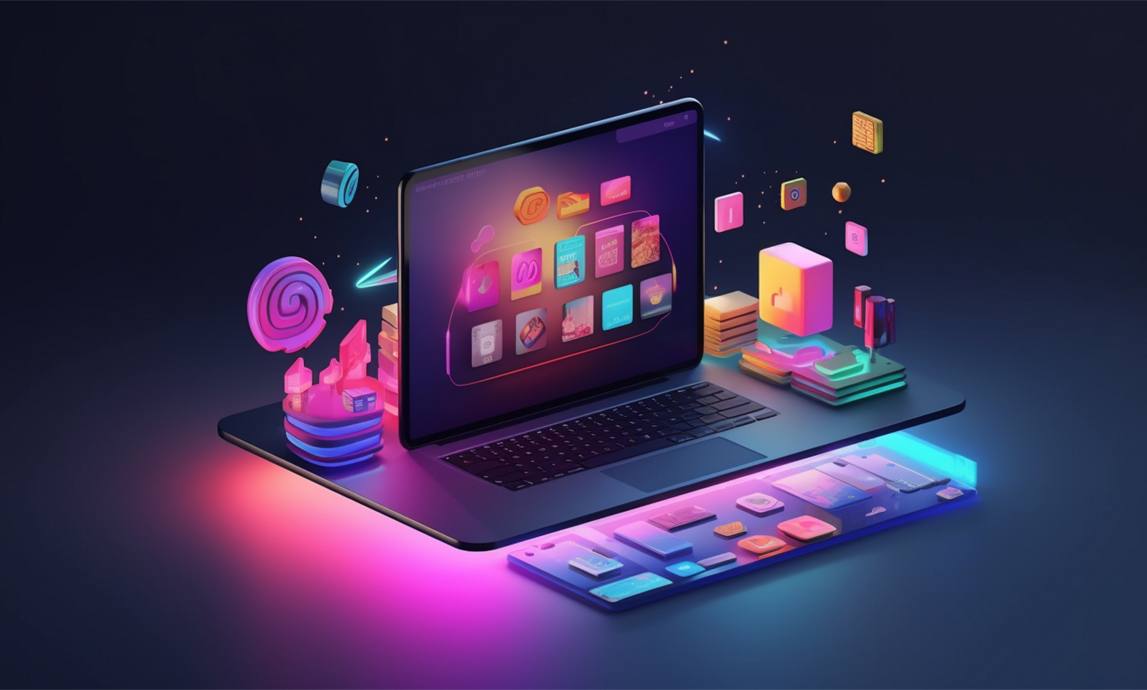 laptop with keyboard displaying colorful objects