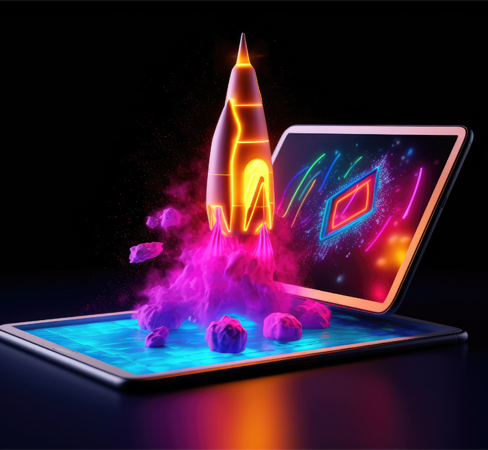rocket taking off a tablet screen