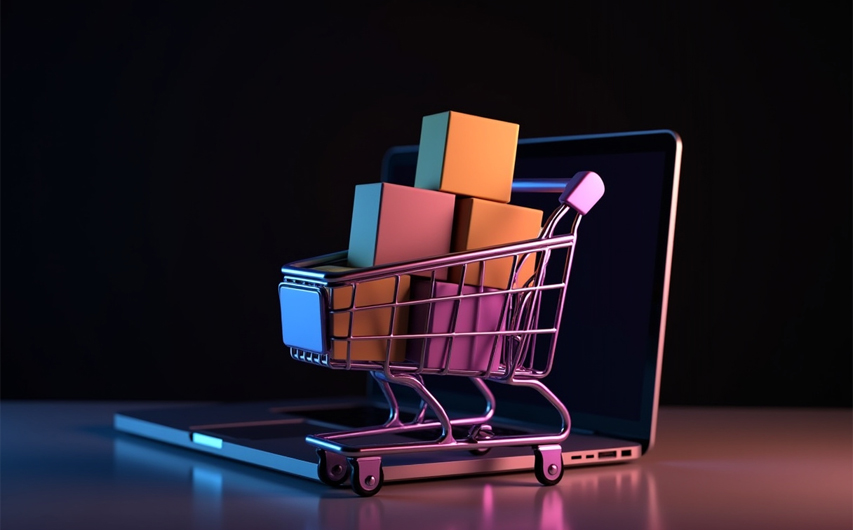 shopping cart with cardboard boxes on a laptop