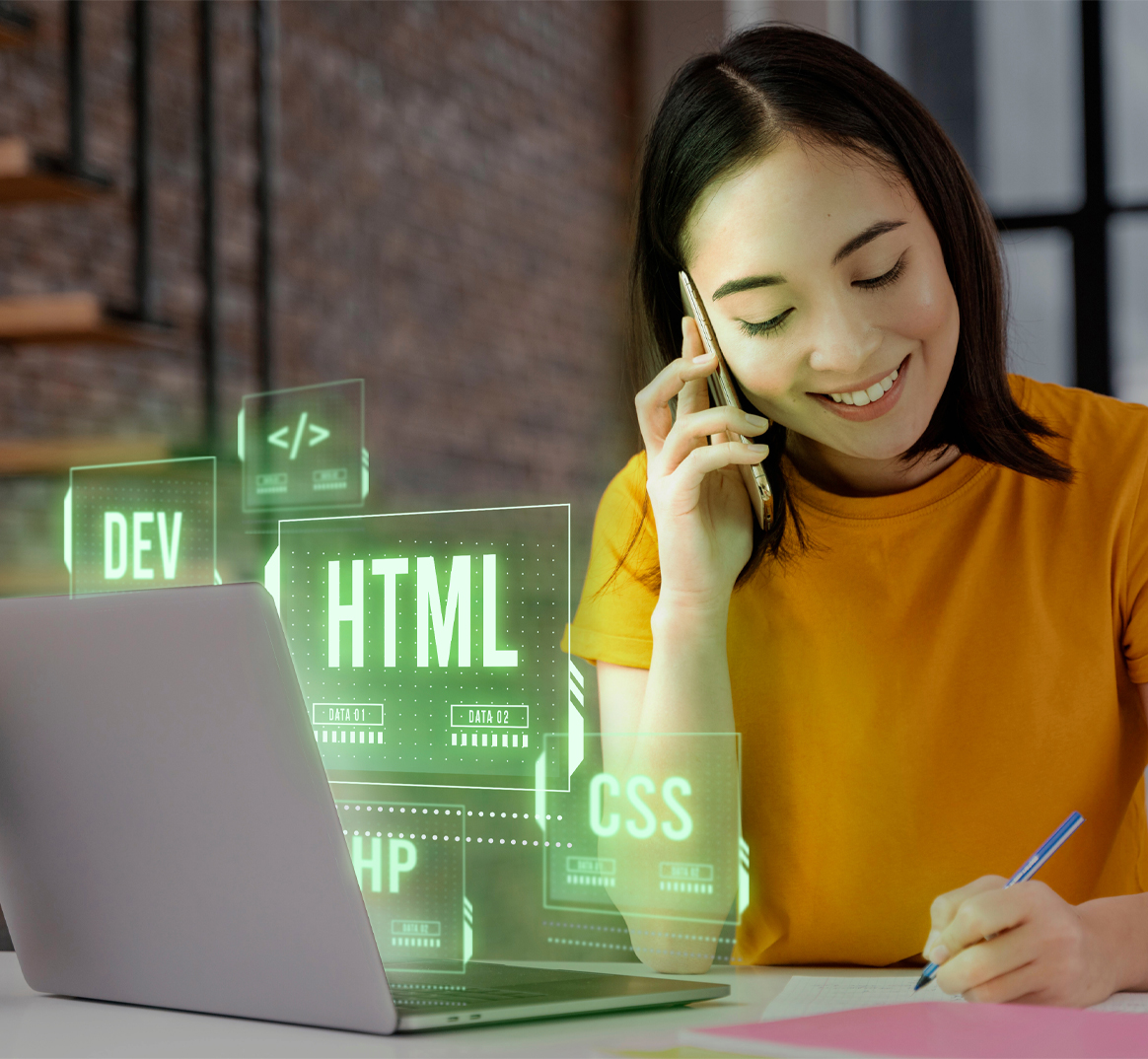 women talking over phone and laptop representing web development
